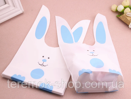 Пакети дитячі поліетиленові з вушками зав'язками Зайчик блакитна лапка подарунковий з малюнком 32х20 см 10 шт