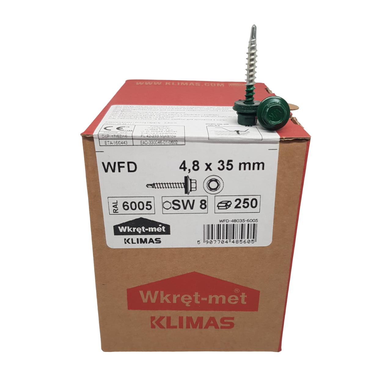 Покрівельні саморізи шурупи Klimas Wkret-Met 4,8х35 мм по дереву (уп 250 шт.) RAL 6005 зелений мох, зелений