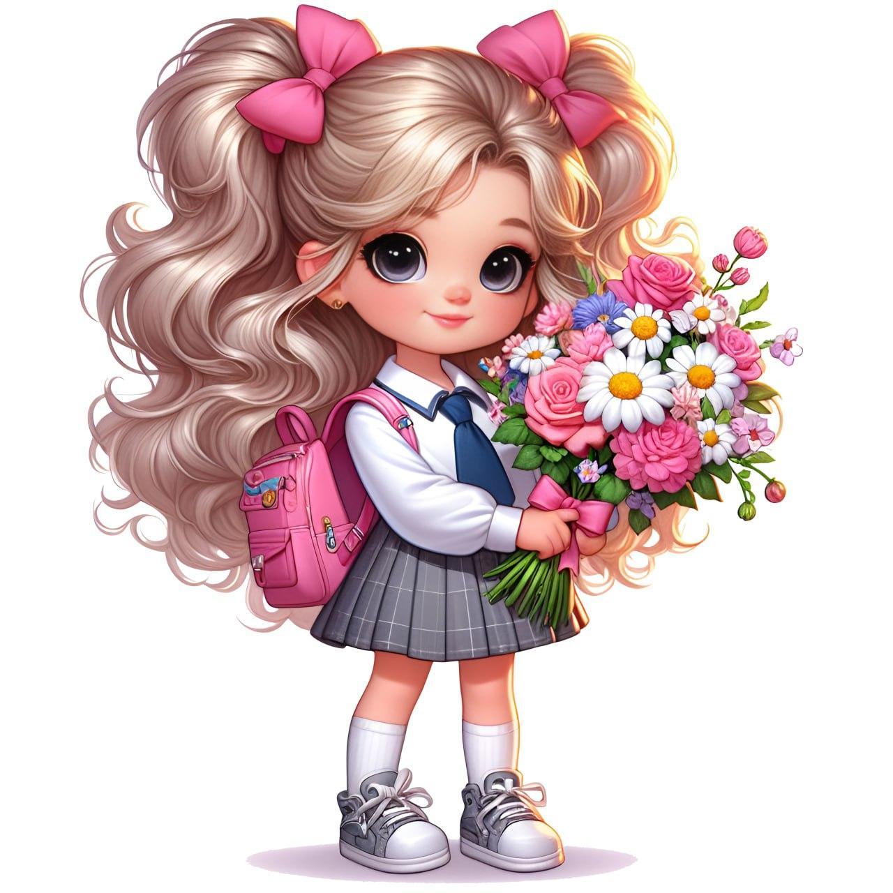Ростова наклейка "Дівчинка першокласниця з букетом квітів" 80 см - без контурної обрізки