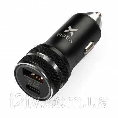 Зарядний пристрій Vinga QC3.0 + PD Quick Car Charger aluminium 36W Max black (VCCQPAC)