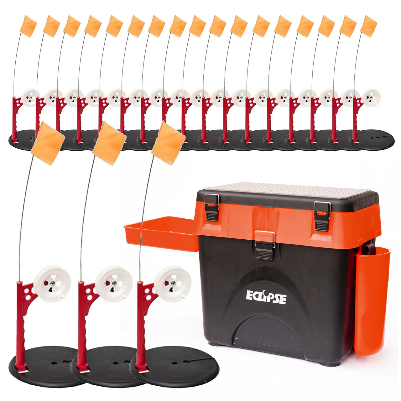 Жерлиця зимова оснащена 5шт ПРОФМОНТАЖ в ящику для риболовлі на щуку помаранчева, фото 1