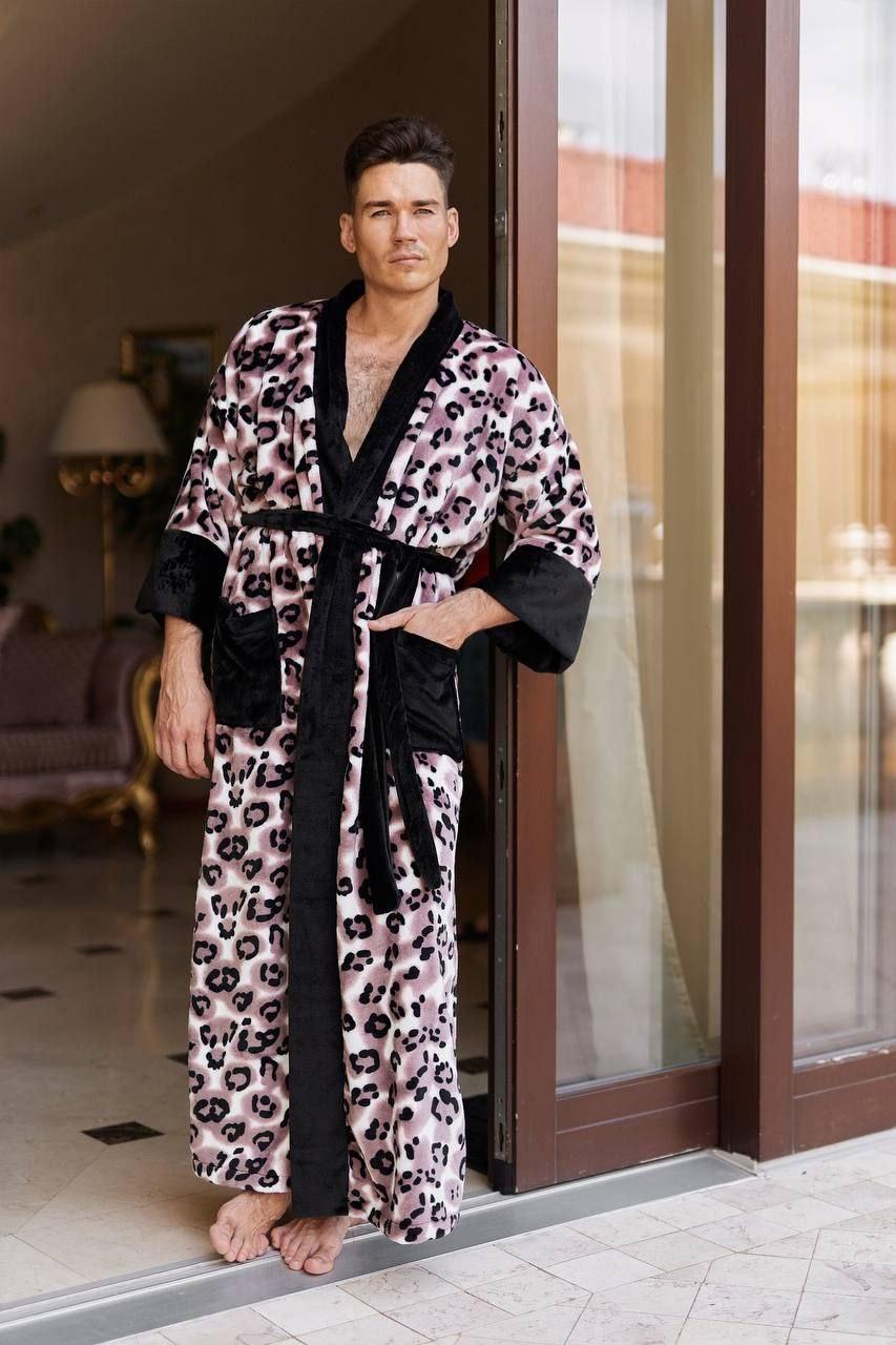 Махровий теплий чоловічий домашній довгий леопардовий халат з кишенями тканина полірована махра, фото 1