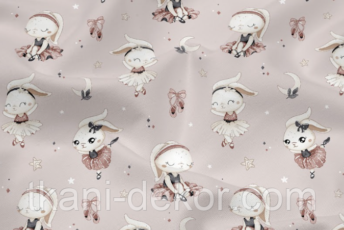 Ссатин (бавовняна тканина) зайчики-балеріні на пудровому (ширина 160 см, 120 г/м2), фото 1