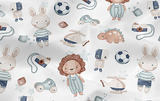 Сатин (хлопковая ткань)  хлопці-звірята з іграшками(ширина 160см, 120г/м2)