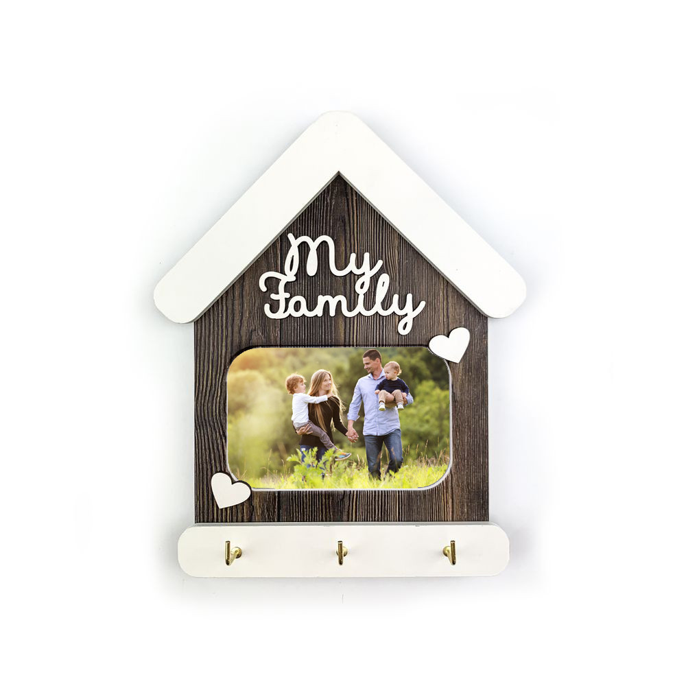 Декоративна ключниця-рамка для фото "My family" (Коричнева прямокутна з серцями)