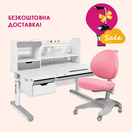 Зростаючий комплект для школярів парта FunDesk Pensare Grey + дитяче крісло FunDesk Cielo Pink, фото 1