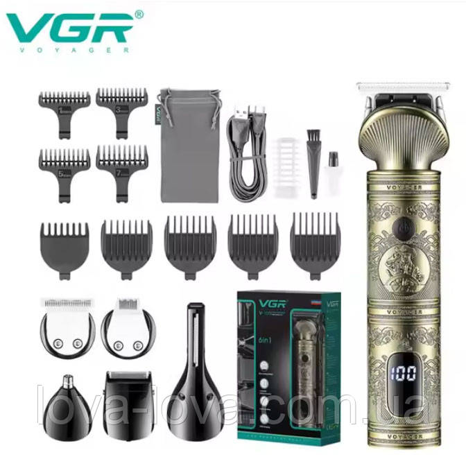 Професійний набір для стриження волосся 6 в 1 VGR V-106 тример для бороди та вусів із насадками, фото 1