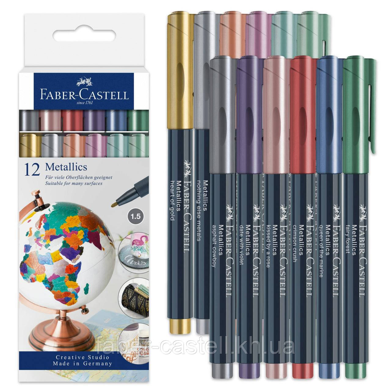 Набір тонких маркерів металіків для декорування Faber-Castell Metallics Marker M (1,5 мм) 12 кольорів, 160713