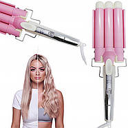 Плойка-щипці для завивки волосся SONAR F-13 30 Вт Біло-Рожева Плойка три хвилі з керамічним покриттям, фото 2