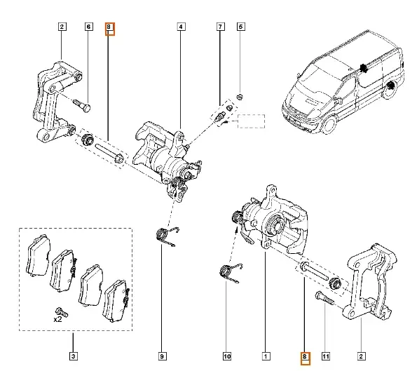 Направляючі заднього супорта Renault Trafic 2, Opel Vivaro A (2000-2014), 7701053064, 4414186, 443932