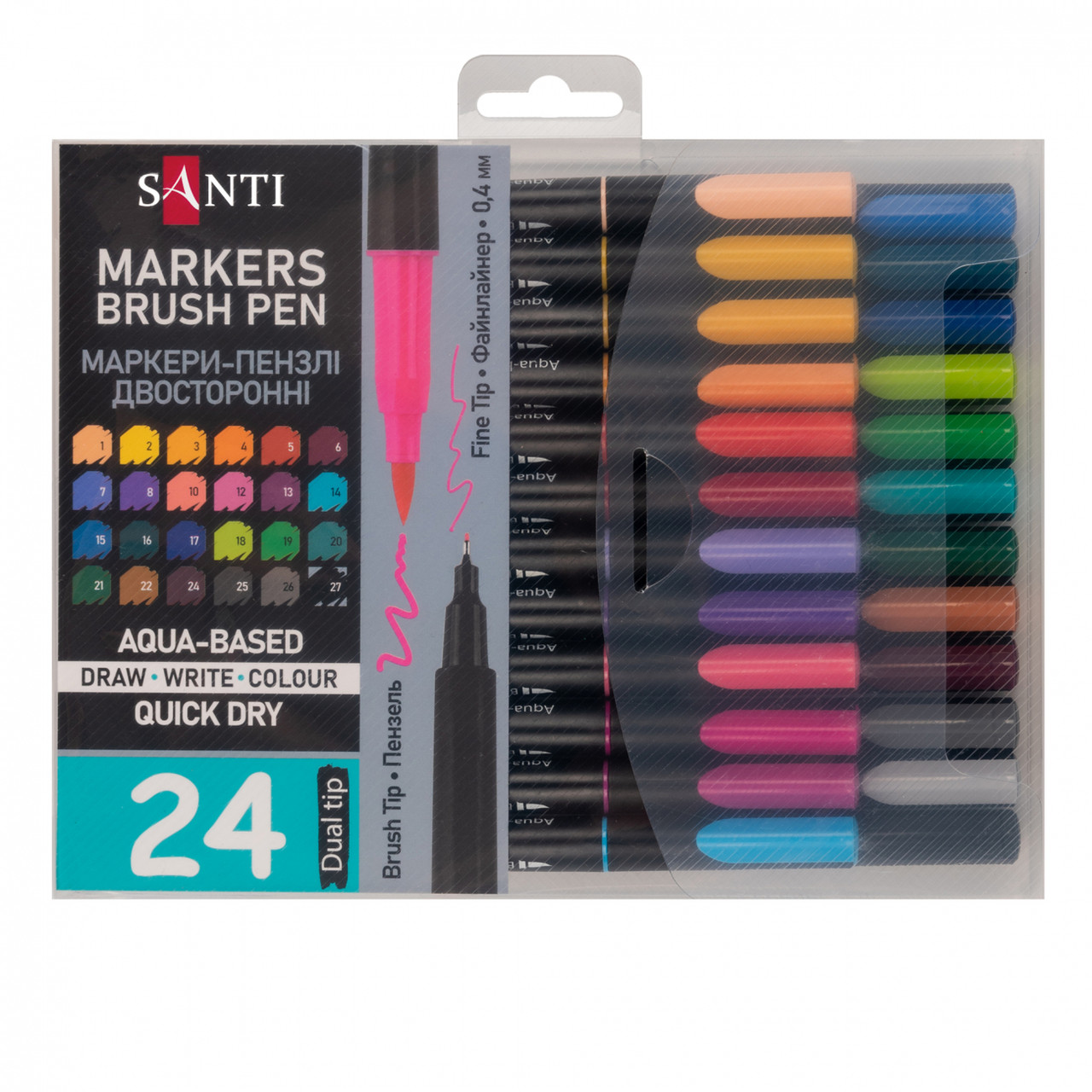 Набір маркерів акварельних SANTI Brush Pen 24 кольори двосторонні 391000, фото 1