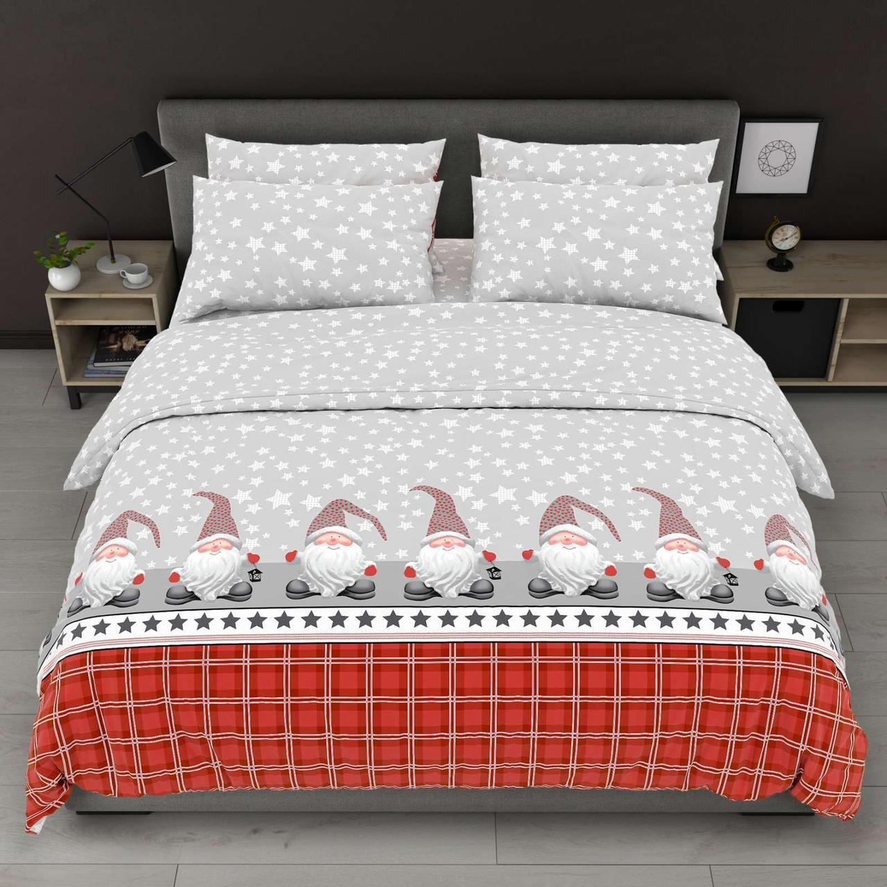 Простирадло 150х220 (Бязь) | Полуторне простирадло від виробника "Королева Ночі" | Новорічні гноми, зірки, фото 1