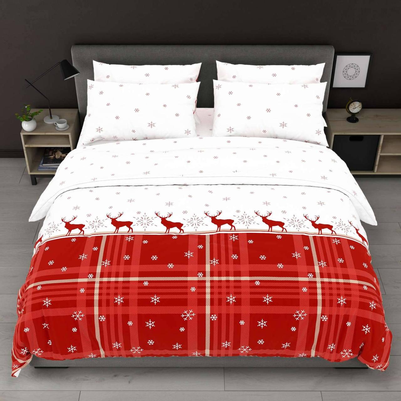 Підковдра на блискавці 145х215 (Бязь) | Полуторна підковдра від виробника "Королева Ночі" | Олені, сніжинки, клітка на червоному, фото 1