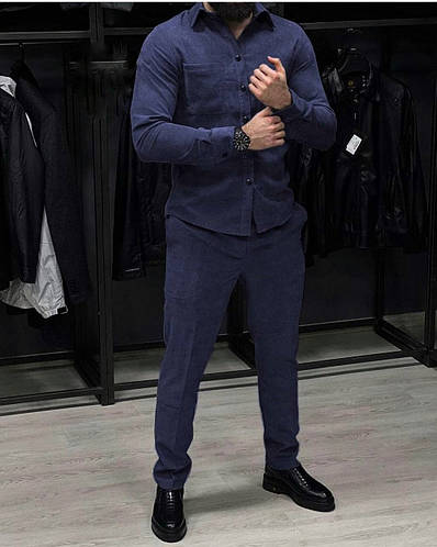Идеальный мужской вельветовый костюм (брюки+рубашка) синий PL-25 (ID ...