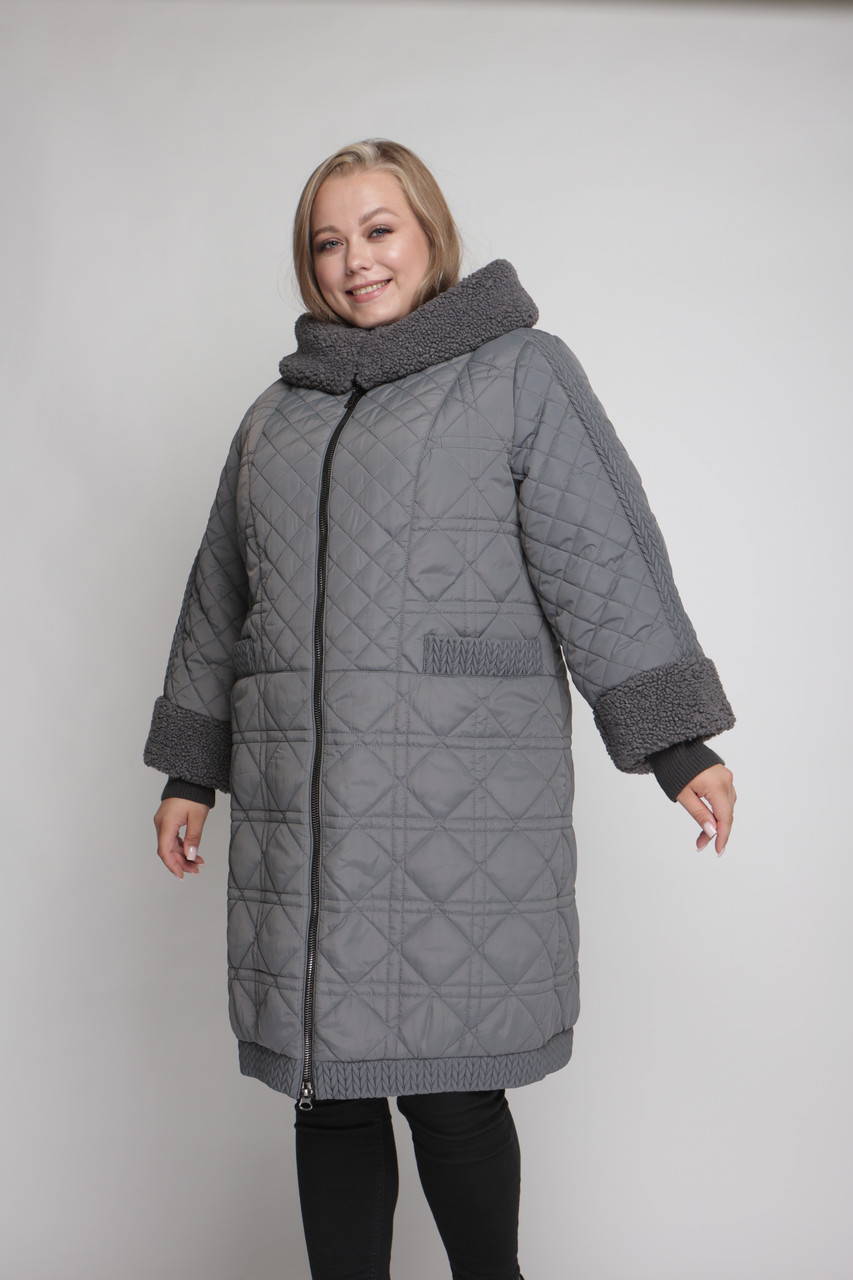 Пальто зимове жіноче великих розмірів 56,58,60,66 сірий, фото 1