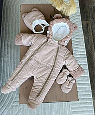 Зимовий дитячий теплий комбінезон з рукавичками та шапочкою для новонароджених розміри 62 68 від народження до півроку року, фото 2