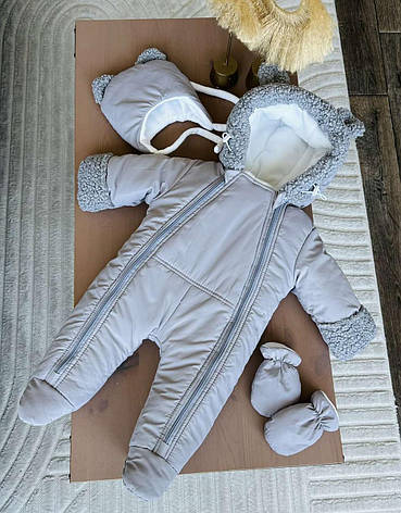 Зимовий дитячий теплий комбінезон з рукавичками та шапочкою для новонароджених розміри 62 68 від народження до півроку року, фото 1