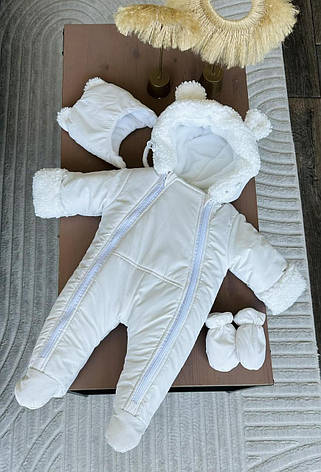 Зимовий дитячий теплий комбінезон з рукавичками та шапочкою для новонароджених розміри 62 68 від народження до півроку року, фото 1