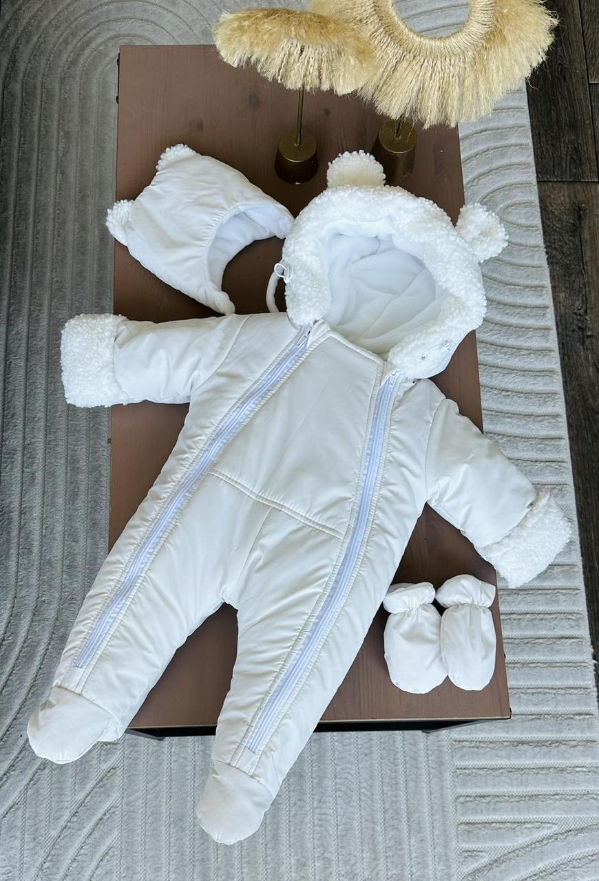 Зимовий дитячий теплий комбінезон з рукавичками та шапочкою для новонароджених розміри 62 68 від народження до півроку року