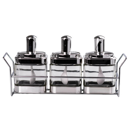 Банки для сипучих продуктів набір з 3 шт скляні ємності для зберігання з ложкою на металевій підставці, фото 1