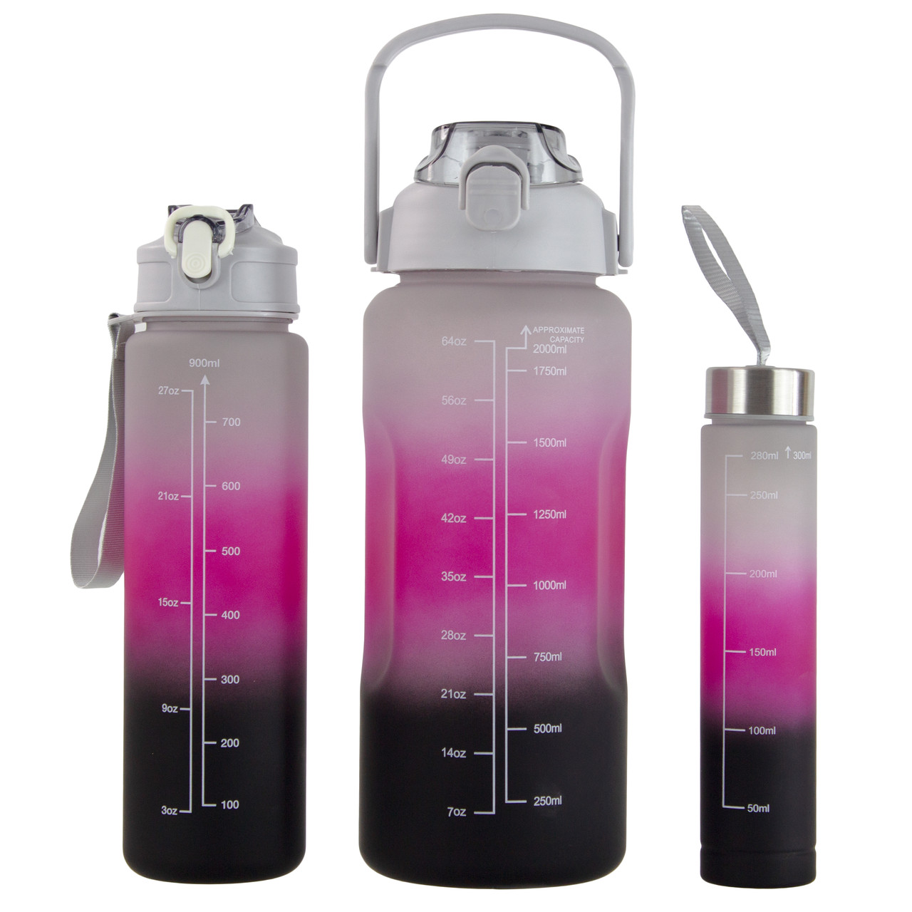 Набір спортивних пляшок 3 в 1 з розміткою 300ml/900ml/2000ml Grey-Pink-Black (3_05424)