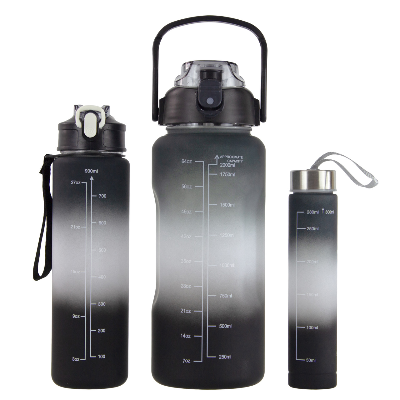 Набір спортивних пляшок 3 в 1 з розміткою 300ml/900ml/2000ml Black-Grey (3_05425)