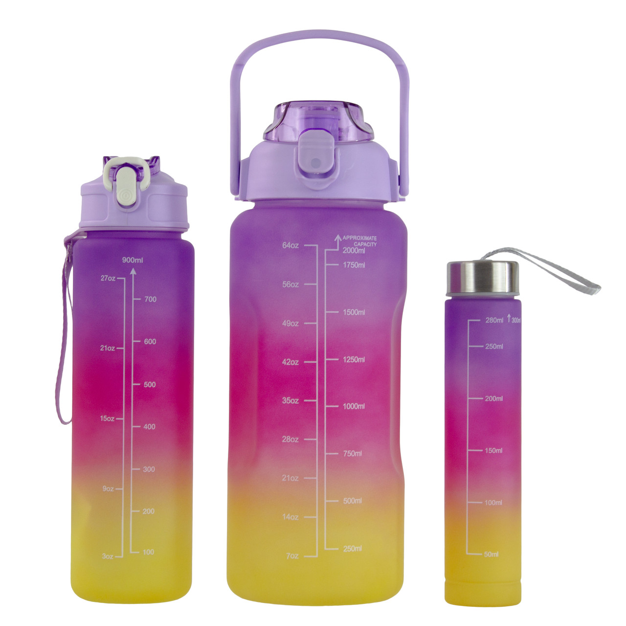 Набір спортивних пляшок 3 в 1 з розміткою 300ml/900ml/2000ml Purple-Pink-Yellow (3_05427)