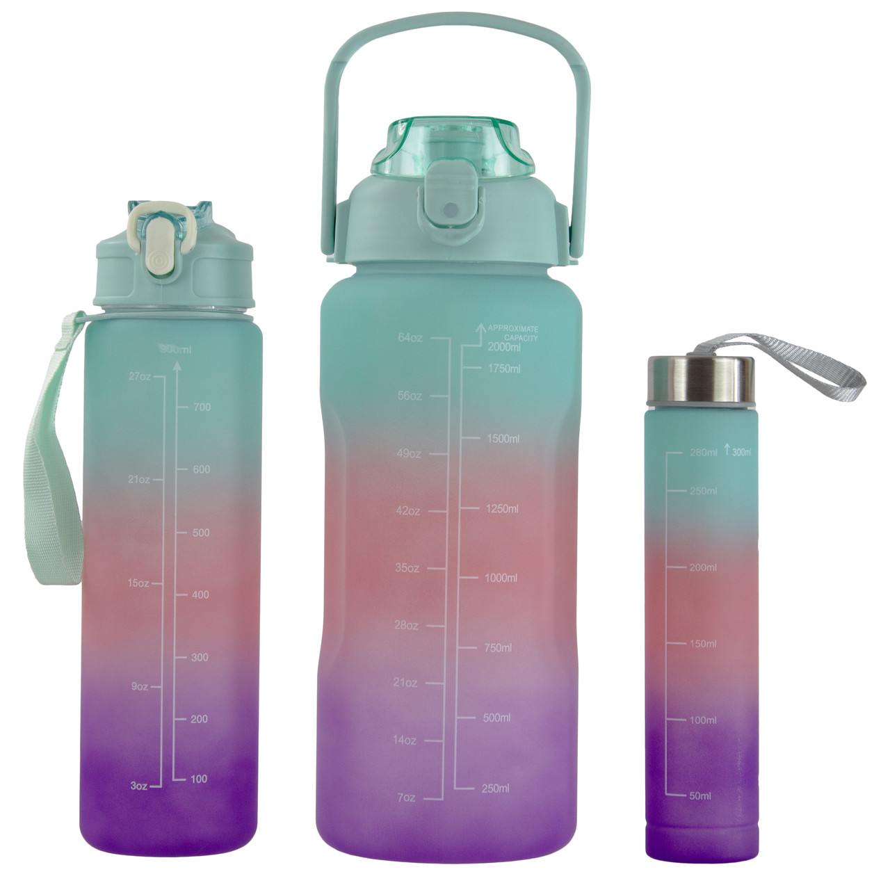 Набір спортивних пляшок 3 в 1 з розміткою 300ml/900ml/2000ml Mint-Pink-Purple (3_05428)