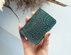 Обкладинка для ID паспорта жіноча шкіряна темно-бірюзова з тисненням Карпати | Обкладинка на права