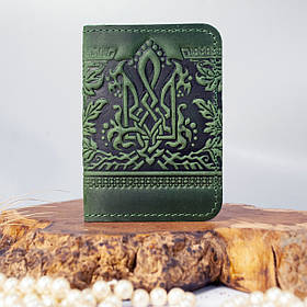 Обкладинка для ID паспорта жіноча шкіряна зелена з тисненням Герб Тризуб Калина | Обкладинка на права 4 відділа
