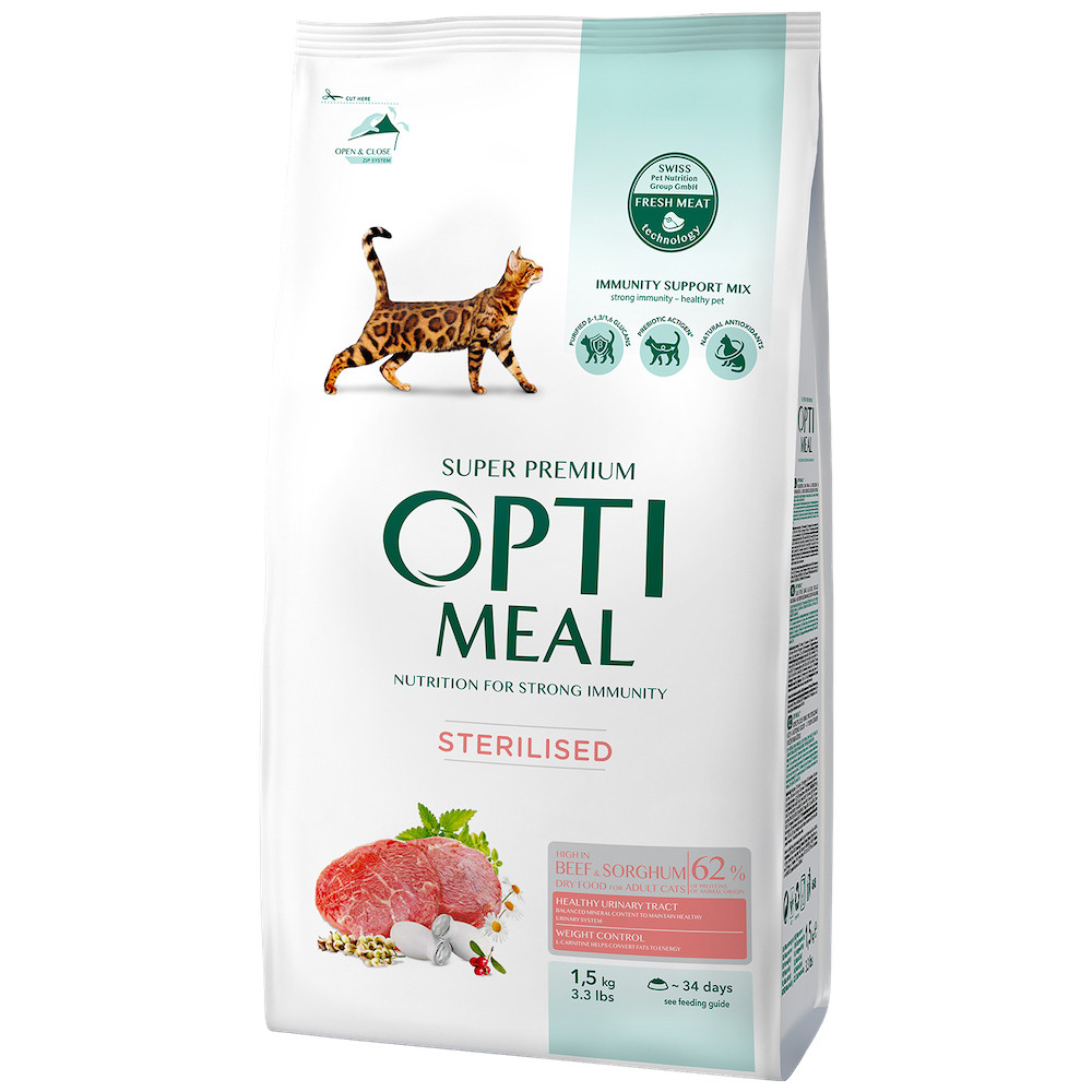 Optimeal CAT Sterilised Beef & Sorghum для стерилізованих котів з яловичиною та сорго 1,5кг 364652, фото 1