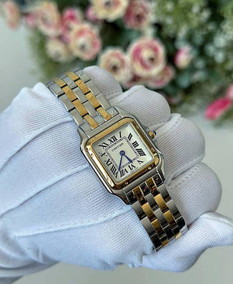 Жіночий стильний годинник Cartier Panthere 27 mm. Silver/Gold-White