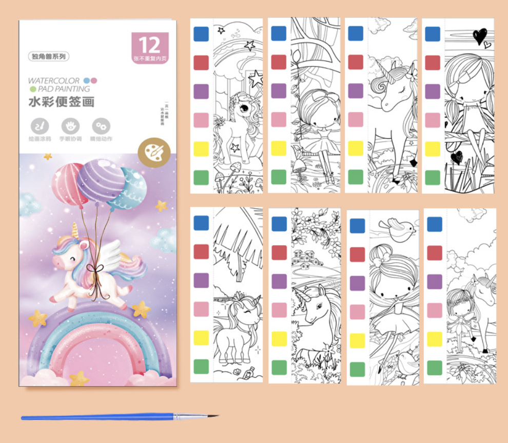 Розмальовка з фарбами та пензлем 80*190 мм, блокнот. Єдиноріг, фото 1