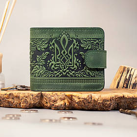 Маленький Жіночий шкіряний гаманець зелений з тисненням Тризуб і Калина