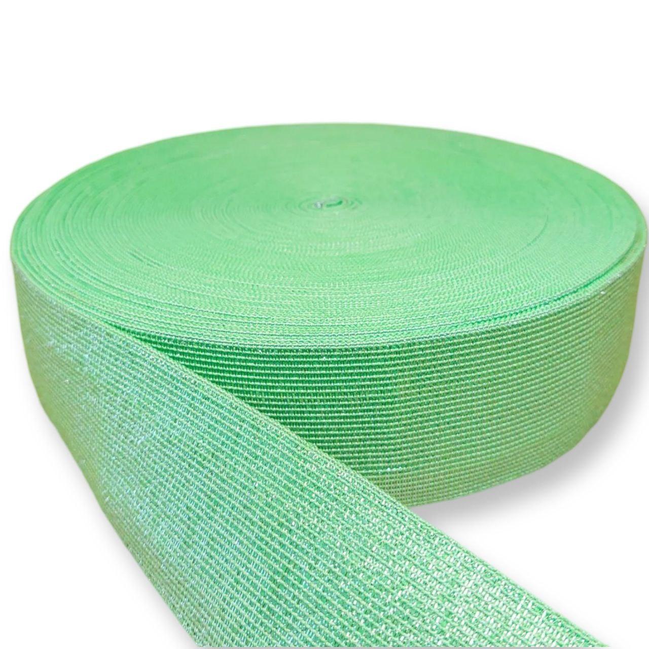 Гумка широка в'язана 50 мм салатова з люріксом, намотування 25 метрів