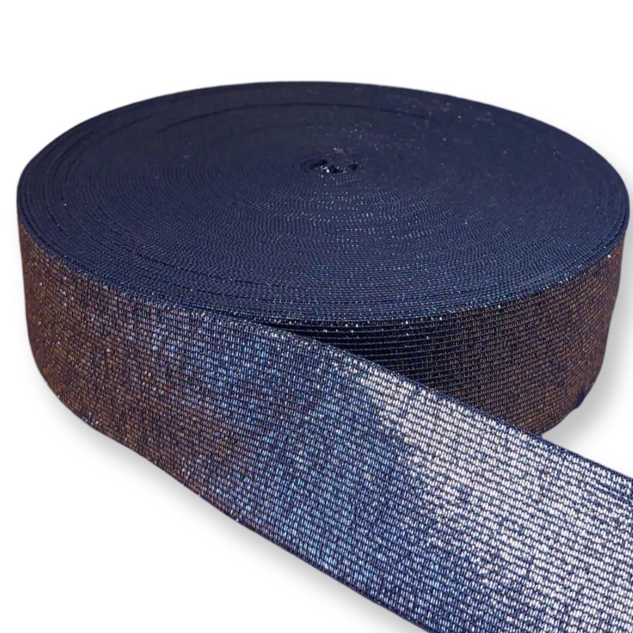 Гумка широка в'язана 50 мм синя з люріксом, намотування 25 метрів