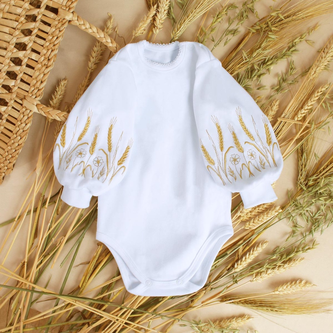 Біле боді з вишивкою пшениці на рукавах пишні рукави ліхтарики бодік для дівчинки 62 68 74 80 86 92
