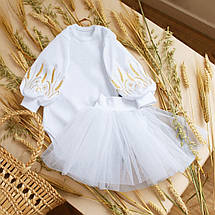 Біле боді з вишивкою пшениці на рукавах пишні рукави ліхтарики бодік для дівчинки 62 68 74 80 86 92, фото 3