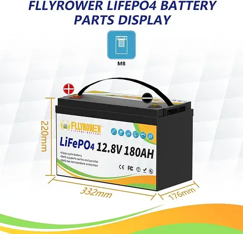 Акумулятор FlyPower LiFePO4 12V/180AH, 2304W*h (літій-залізо-фосфатний акумулятор для ДБЖ (UPS)), фото 1