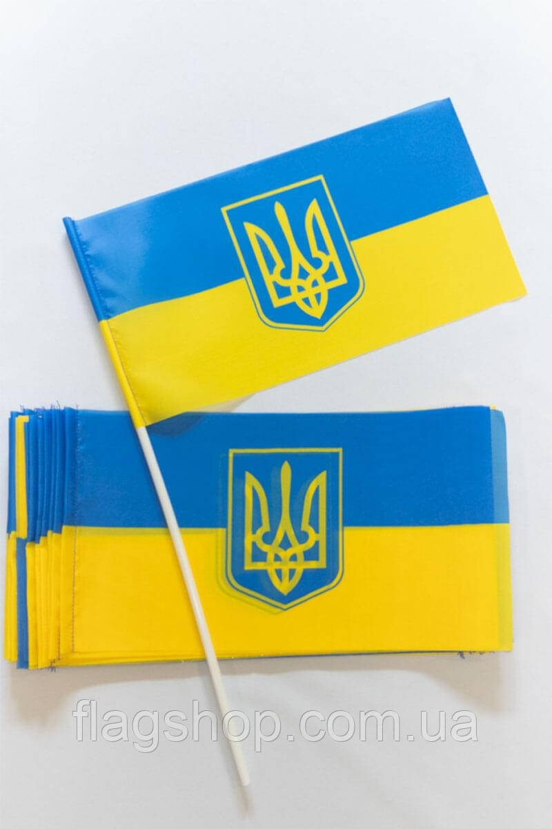 Прапорець України з великим тризубом по центру, 13,5х25 см, штучний шовк, односторонній