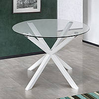 Круглий кухонний обідній скляний стіл 100 см для кухні їдальні з білими металевими ніжками Джин