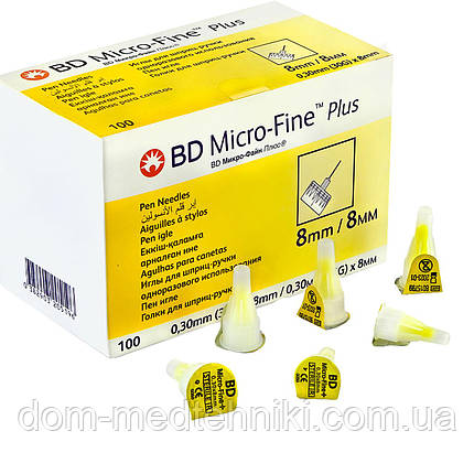 Голки інсулінові для шприц-ручок "МікроФайн Плюс / Micro-Fine Plus" 8 мм (30G x 0,3 мм), фото 1