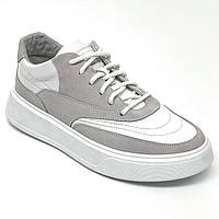 Жіночі шкіряні кеди білого кольору з сірими замшевими вставками на шнурівці  Rondo 603/051 розмір 37