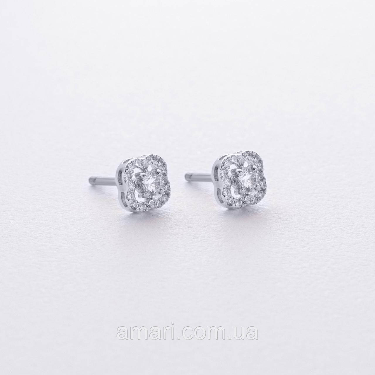 Сережки — пусети "Клівер" із фіанітами (біле 
золото) с09175, фото 1