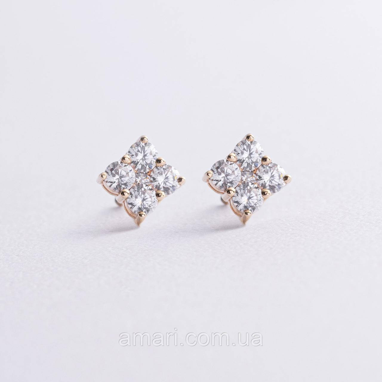 Сережки-пусети "Fleur" з фіанітами (жовте 
золото) с09147, фото 1