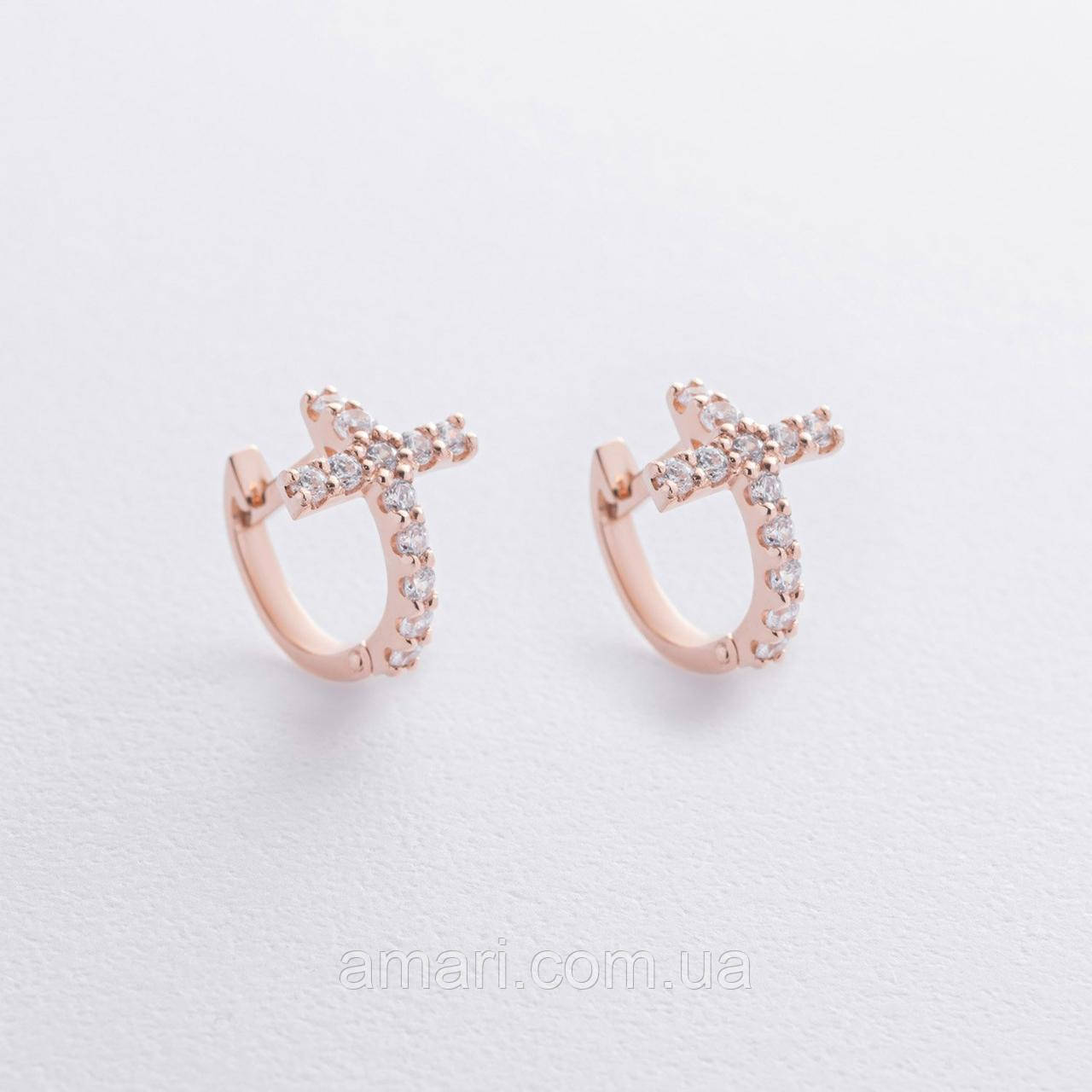 Сережки — кільця "Крестики" з фіанітами (червоне 
золото) с09195, фото 1