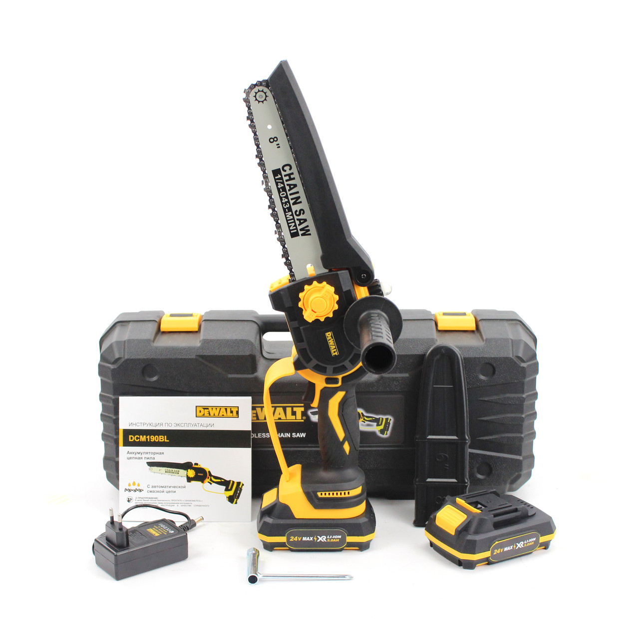 Акумуляторна щіткова міні-пила DeWalt DCM190BL (24V, 5Аh, шина 20 см) з індикатором заряду