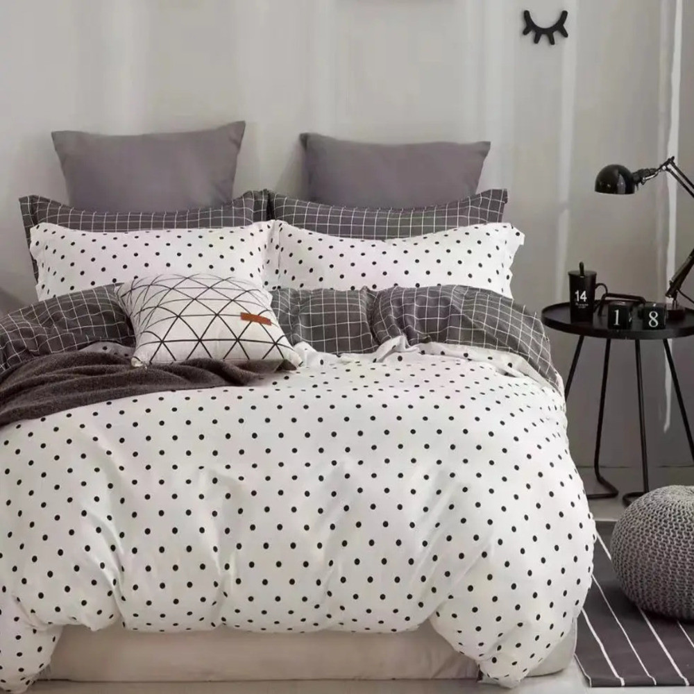 Сатинова двоспальна постільна білизна 180х220 Горошок (22942) Бавовняний комплект з компаньйоном, фото 1