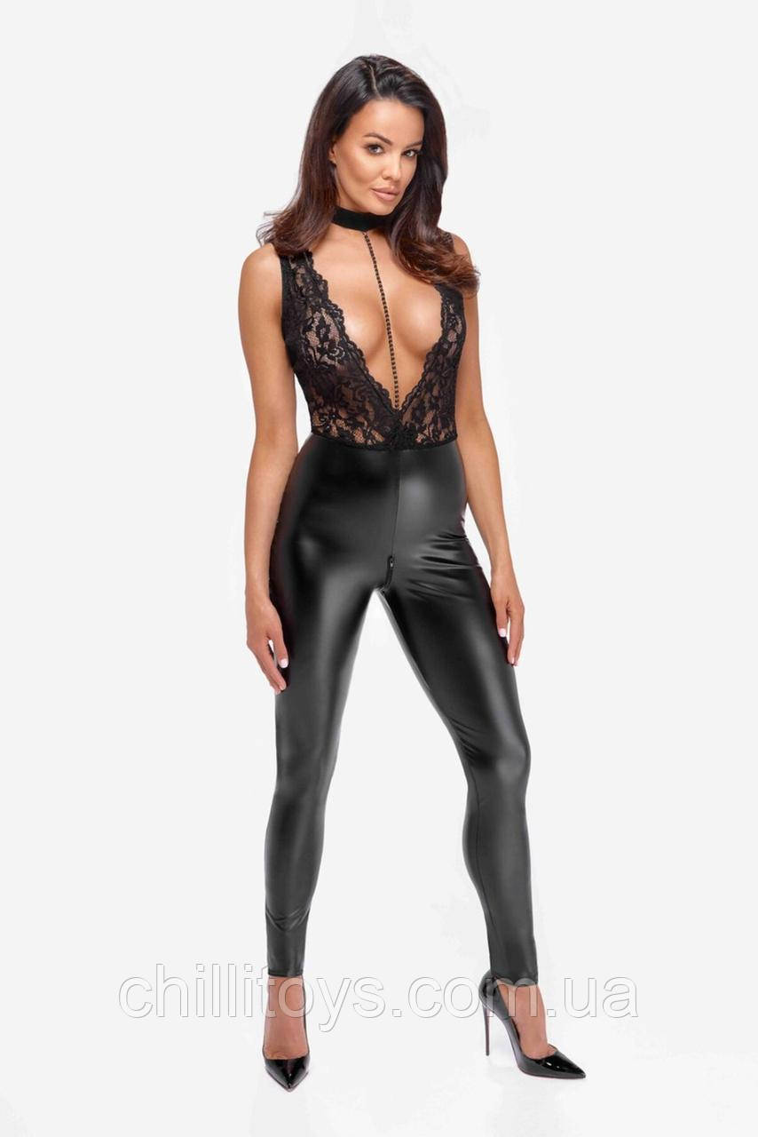 Комбінезон Noir Handmade F298 Libido Deep-V catsuit with collar and pearl chain - XXL