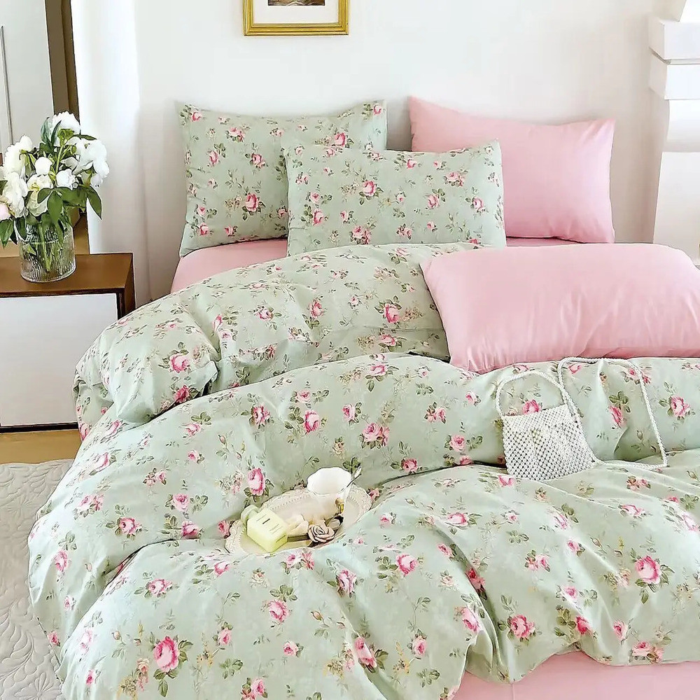 Сатиновий двоспальний комплект 180х220 Ніжність троянд простирадло на резинці (22959) Постільна білизна двокольорова, фото 1